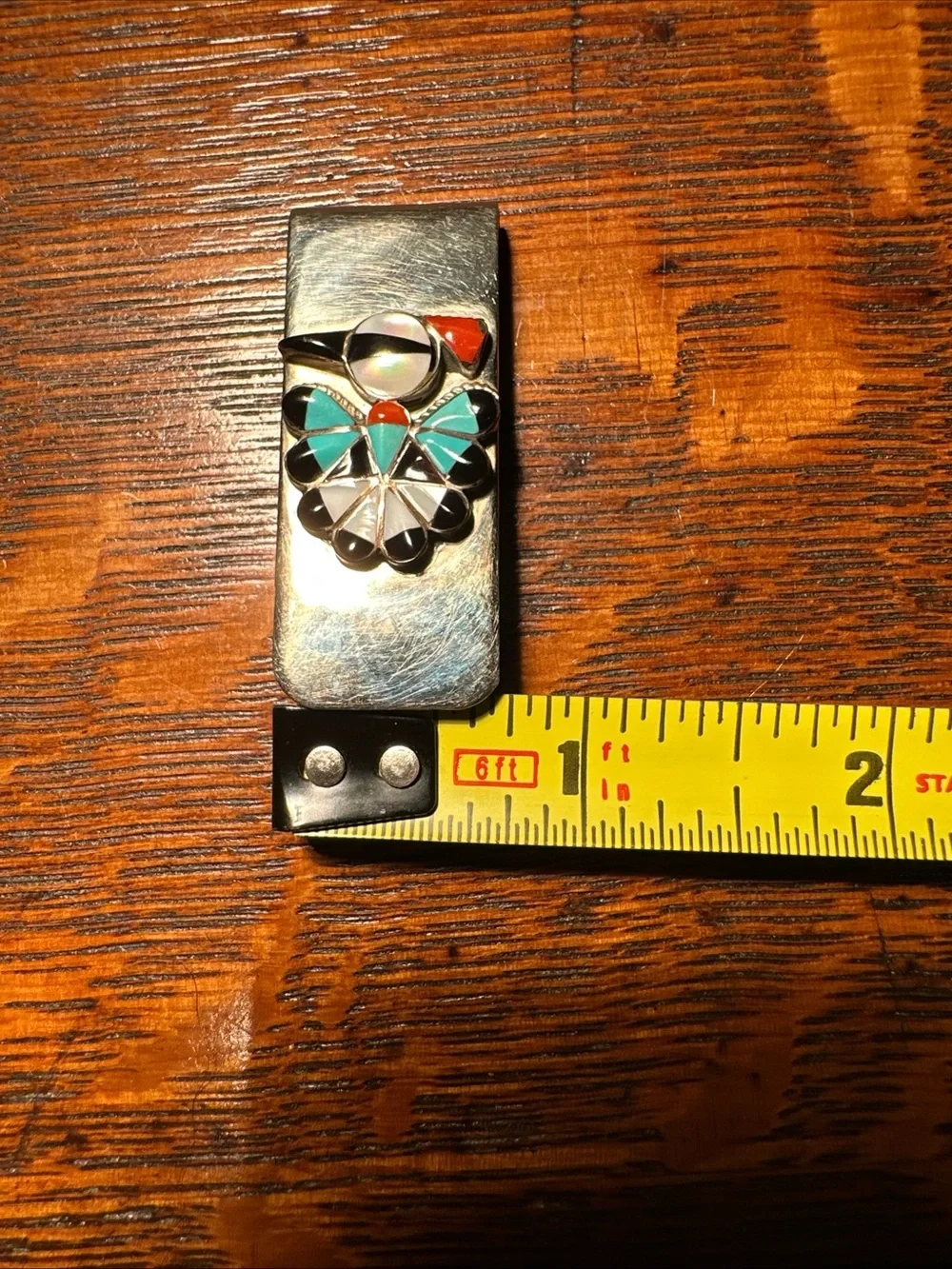 VTG Native American Sterling Silver MOP Turquoise Peyote Water Bird Money Clip